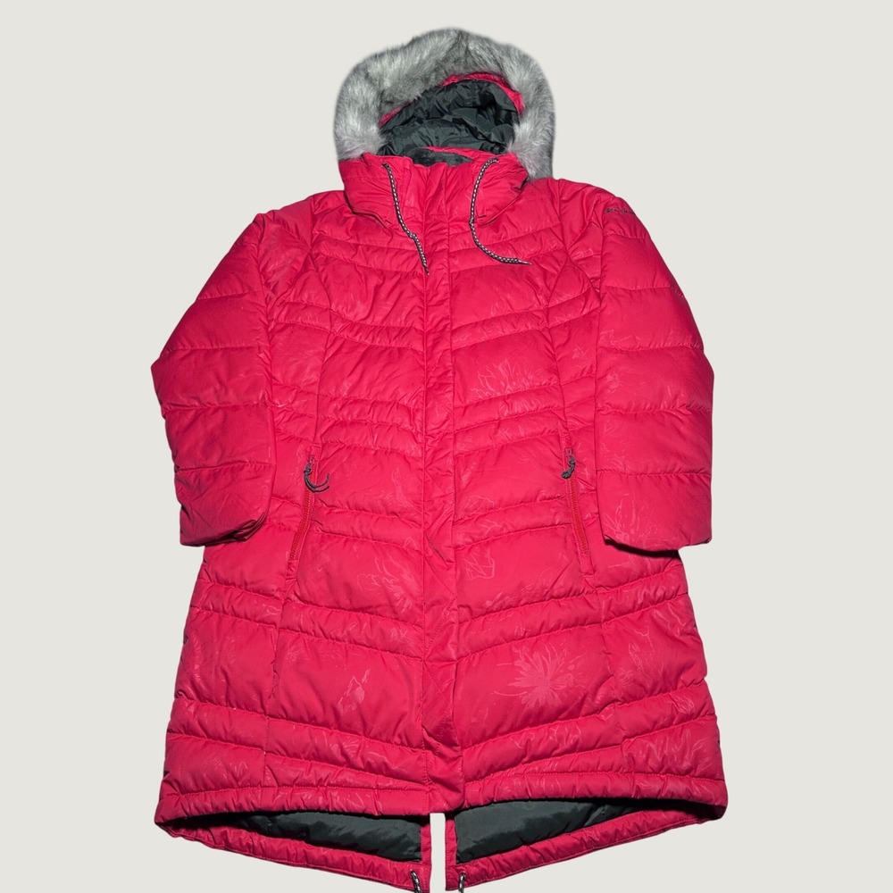 Columbia Puffer Parka Womens Large Duck Down Fill Fur Hood Red Floral Jacquard